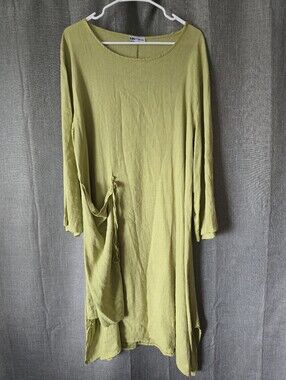 Vtg Lin Nature 100% Linen Faux Half Wrap Midi Dress Pale Green Size 46 (US 12)